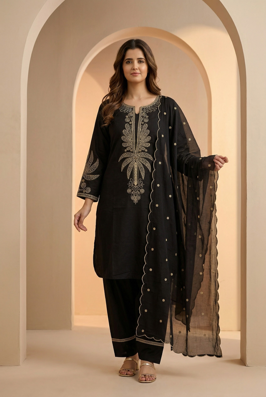 Black Gold Embroidered Cotton Kurta with Farsi Salwar Suit Set