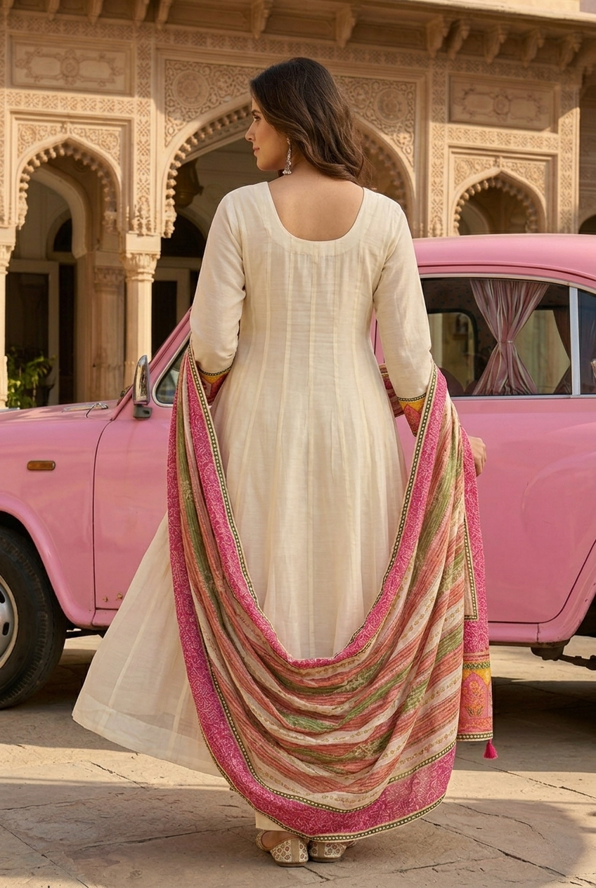 Off white & Beige Pink Ethnic Motif Cotton crepe Blend Anarkali Set