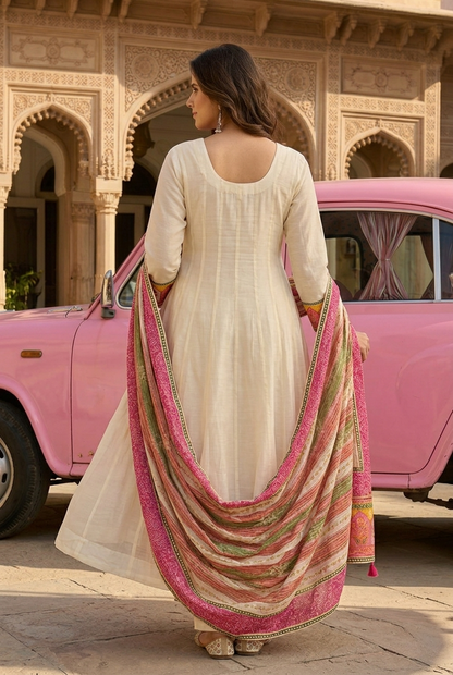 Off white & Beige Pink Ethnic Motif Cotton crepe Blend Anarkali Set