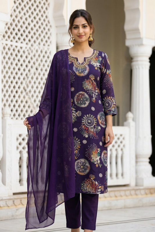 Deep Purple Mandala Print Embroidered Kurta Set