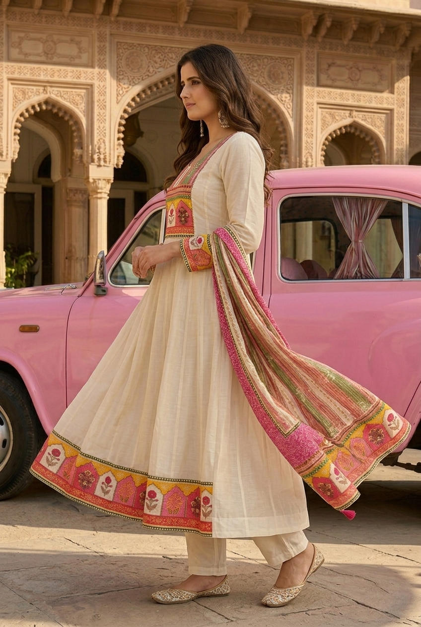 Off white & Beige Pink Ethnic Motif Cotton crepe Blend Anarkali Set