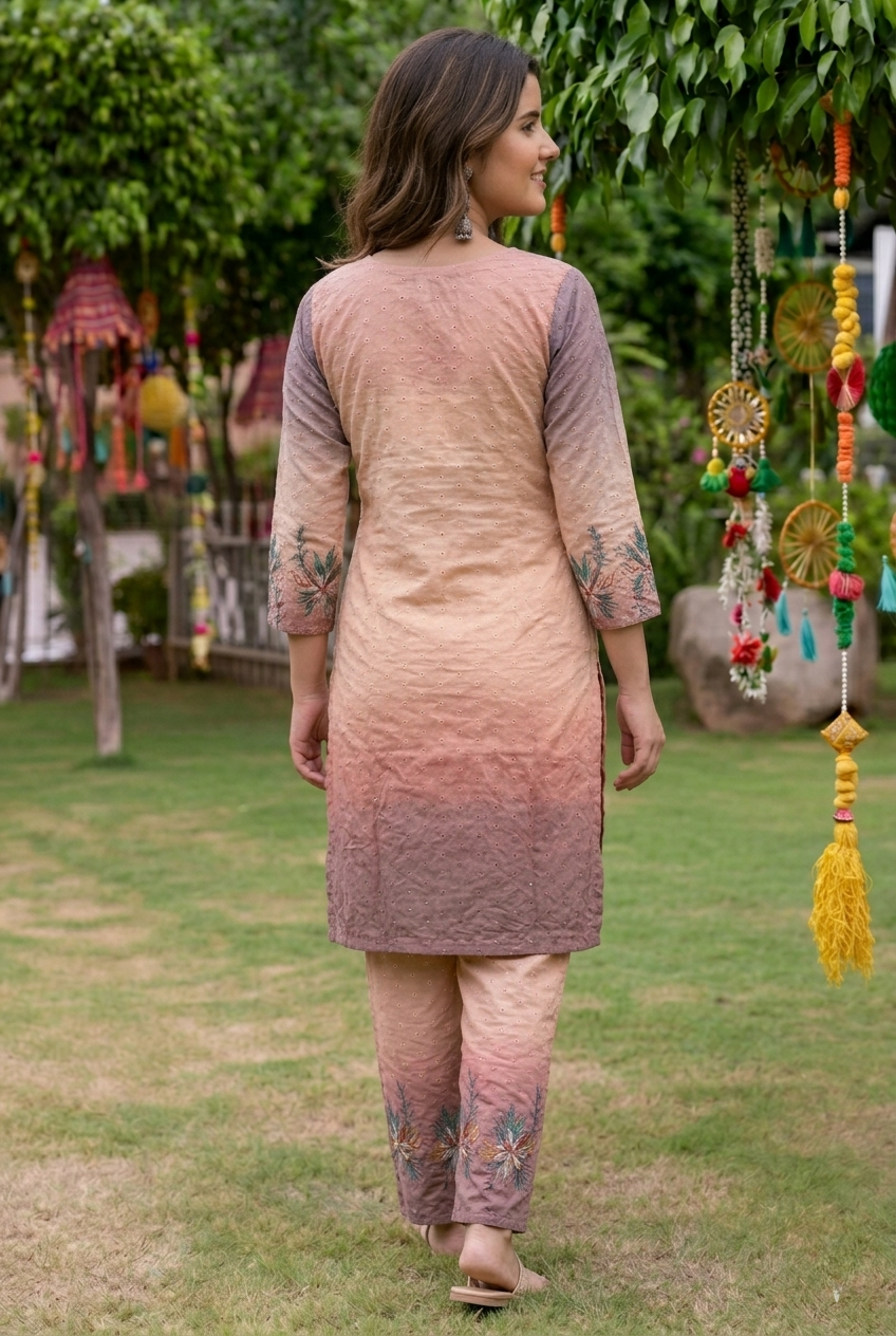 Peach and Mauve Embroidered silk Cotton Co-ord Set with Schiffli Work