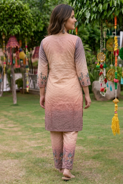 Peach and Mauve Embroidered silk Cotton Co-ord Set with Schiffli Work