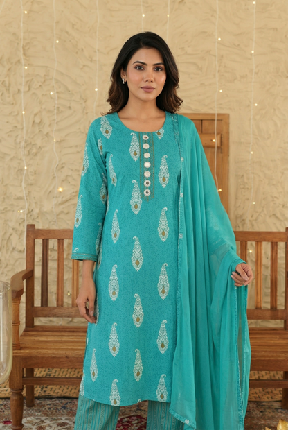 Turquoise Blue Paisley Cotton Kurta with pant and dupatta Set