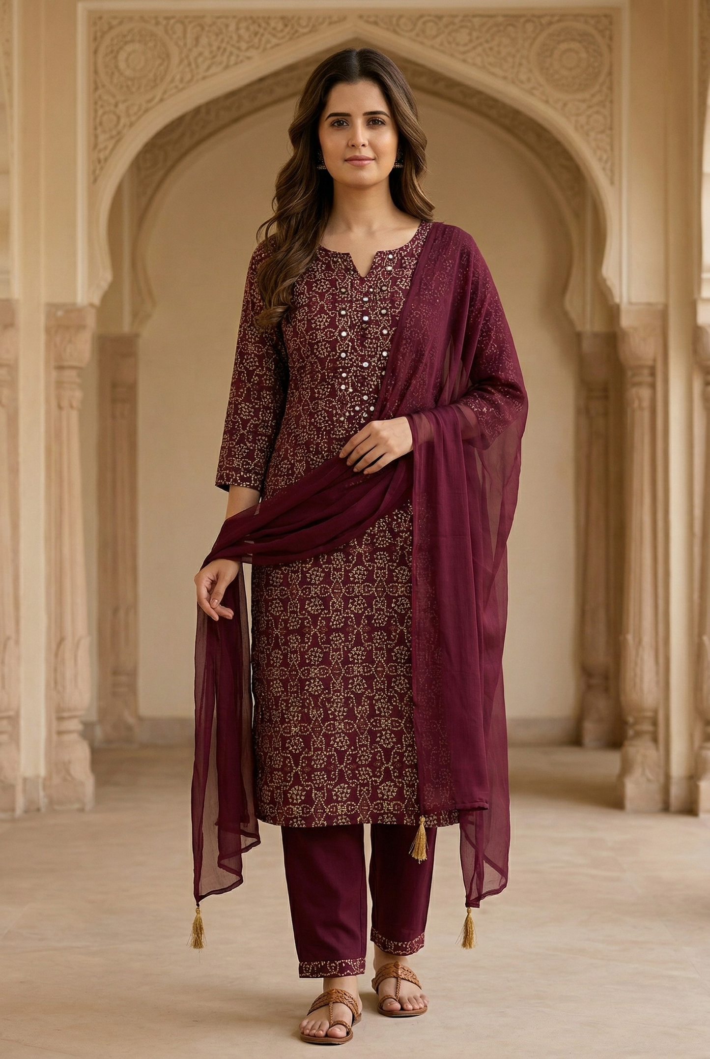 Rayon mix cotton wine kurta pant and chiffon dupatta (Copy)