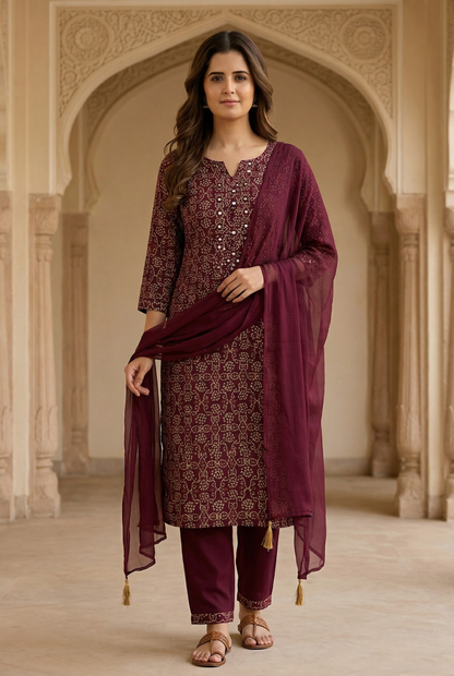 Rayon mix cotton wine kurta pant and chiffon dupatta (Copy)