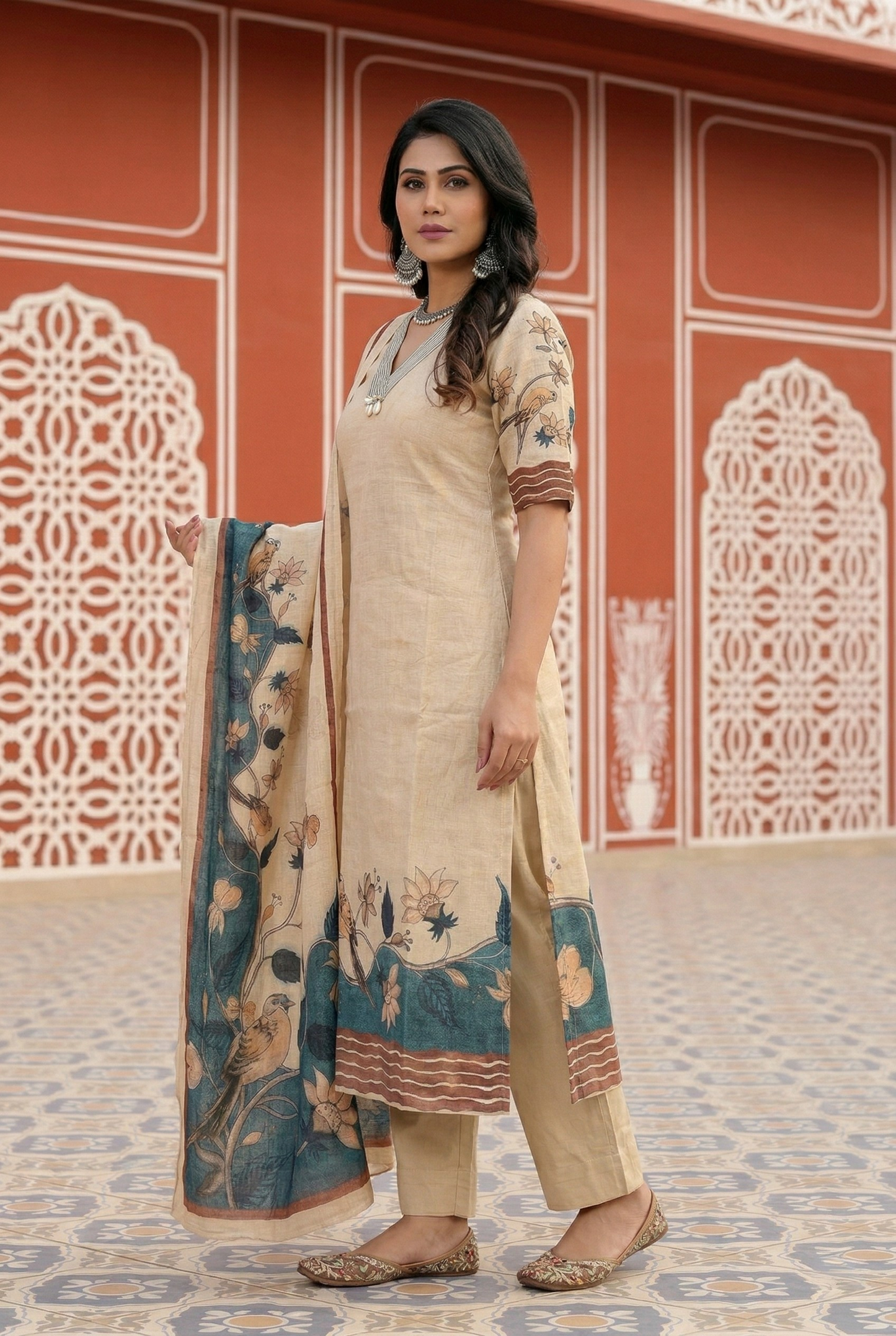 Beige Bird Print Chanderi Cotton Kurta Set