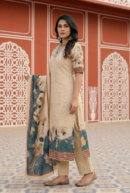 Beige Bird Print Chanderi Cotton Kurta Set