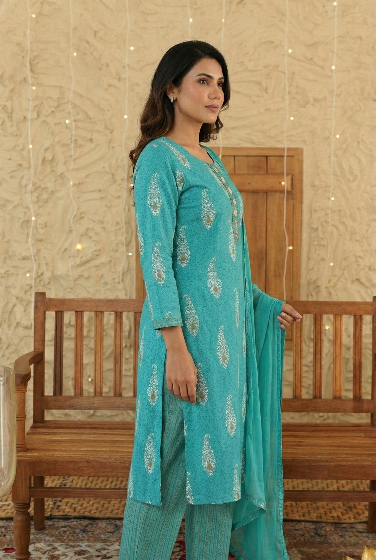 Turquoise Blue Paisley Cotton Kurta with pant and dupatta Set