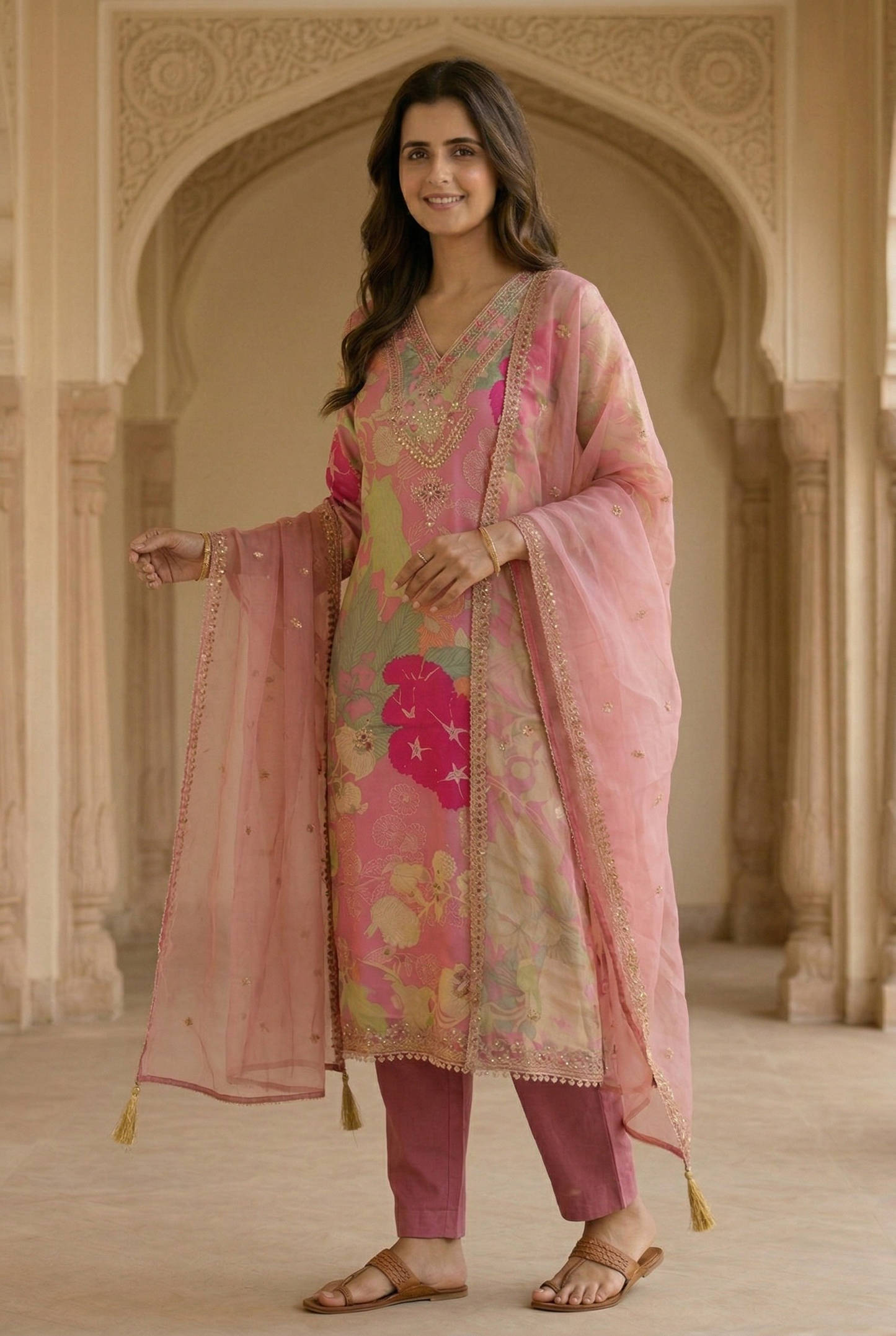 Premium Blush Pink Floral Silk Suit with Organza Dupatta