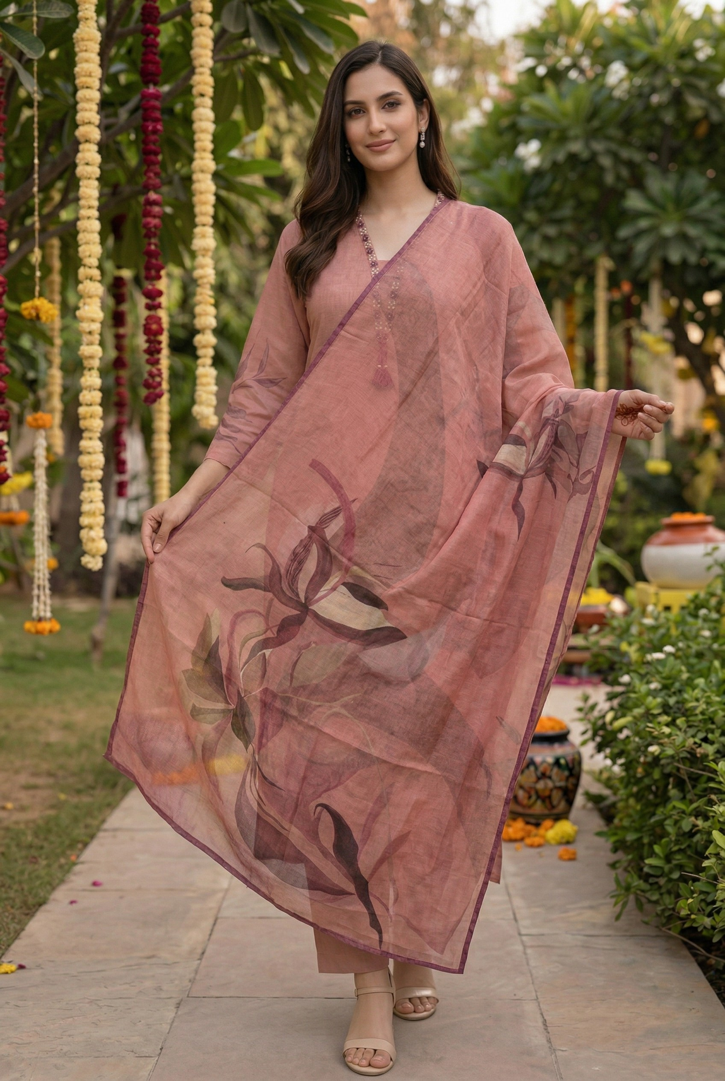 Dark peachcotton blend kurta and pant with pocket and dupatta