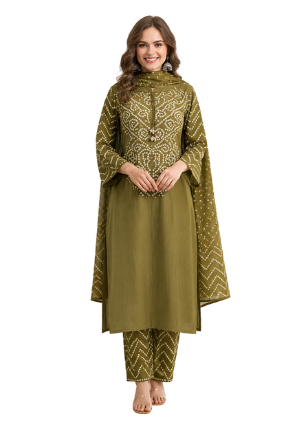 Women's Olive Green Bandhini Printed Straight Kurta Pant & Dupatta Set | Traditional Ethnic Wear | 3 Piece Suit Set