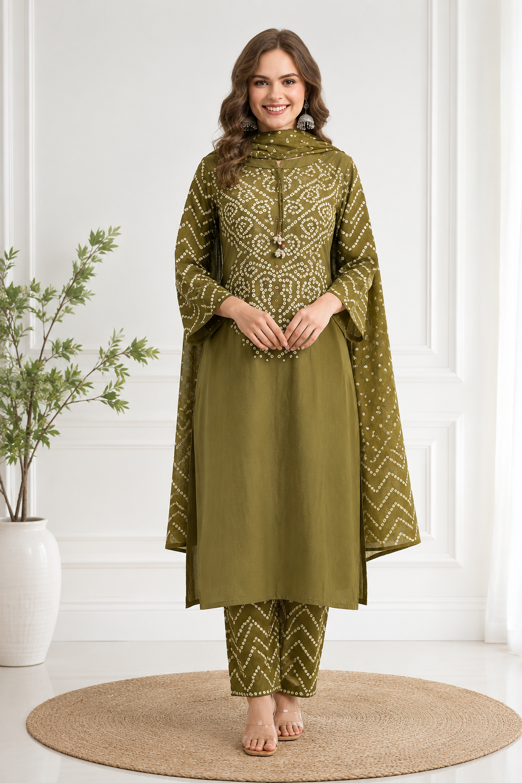Women's Olive Green Bandhini Printed Straight Kurta Pant & Dupatta Set | Traditional Ethnic Wear | 3 Piece Suit Set