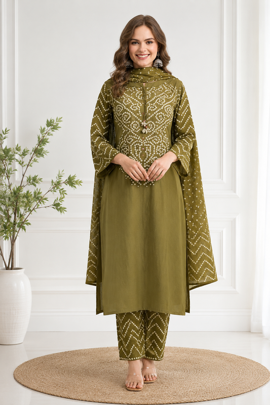 Women's Olive Green Bandhini Printed Straight Kurta Pant & Dupatta Set | Traditional Ethnic Wear | 3 Piece Suit Set