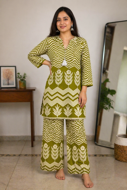 Maroon & Green Printed Co-Ord Set for Women | Ethnic Kurti Palazzo Set | Stylish Casual Wear
