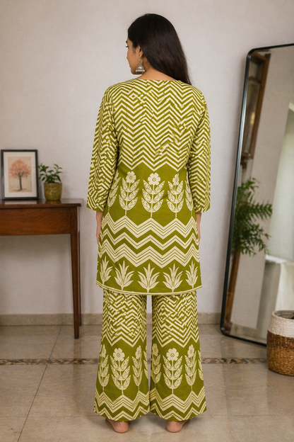Maroon & Green Printed Co-Ord Set for Women | Ethnic Kurti Palazzo Set | Stylish Casual Wear