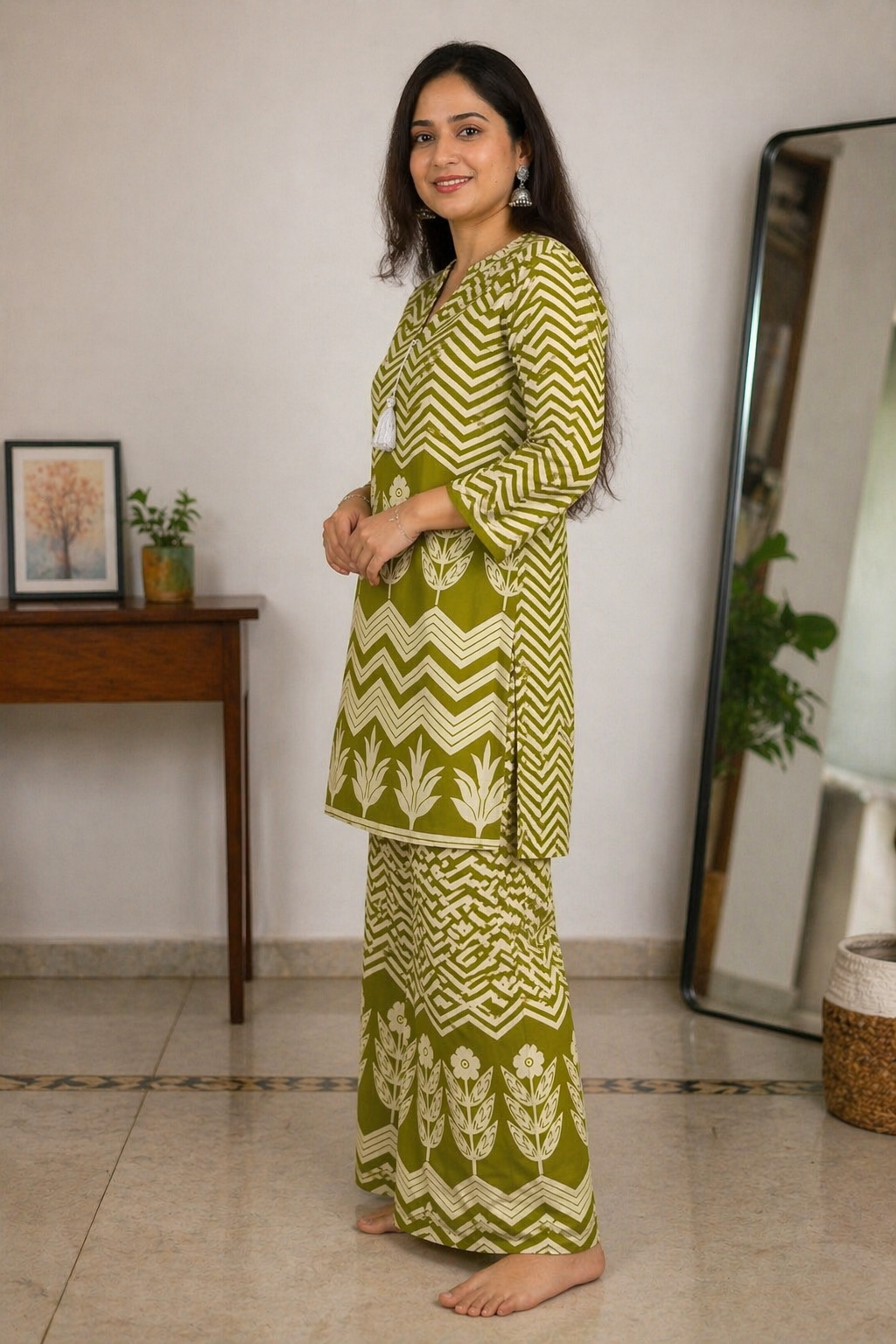Maroon & Green Printed Co-Ord Set for Women | Ethnic Kurti Palazzo Set | Stylish Casual Wear