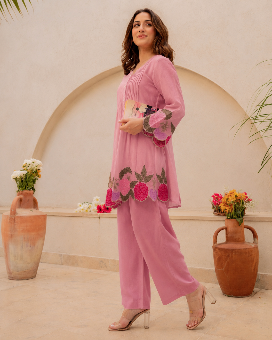 Pink Floral Embroidered Kurta Pant Co-Ord Set for Women